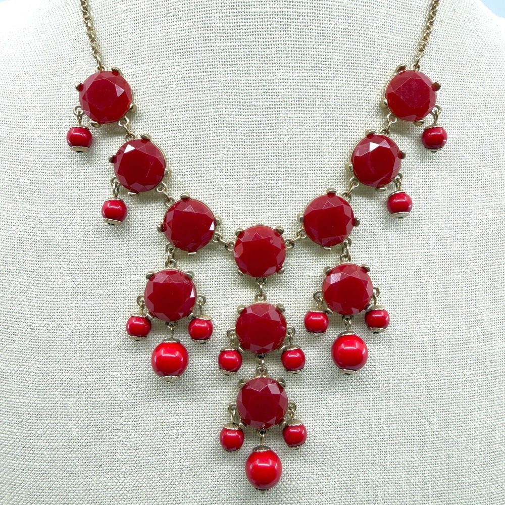 Red Statement Bib Necklace Faceted Resin Beads Gold Tone Chunky Festival Gift
